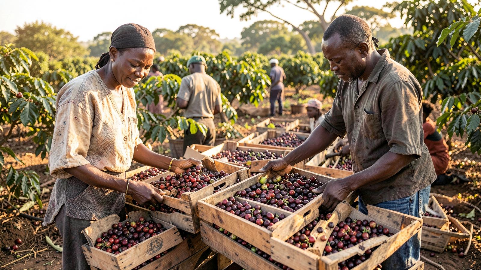Ugandan growers with harvested coffee